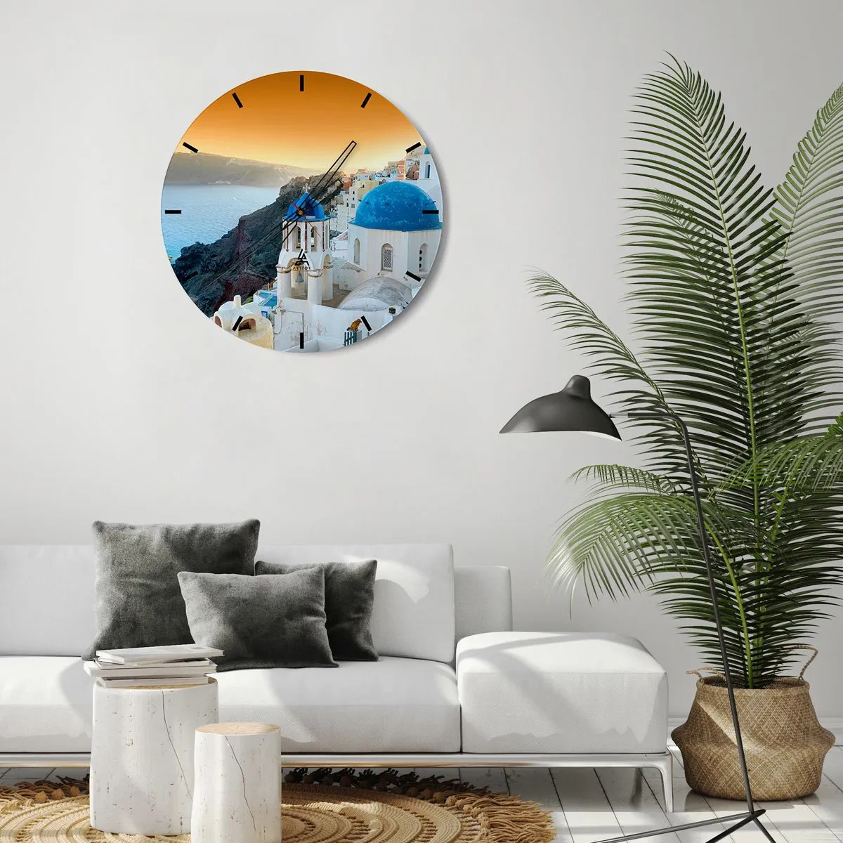 Ceas de perete - Ceas pe sticlă - Santorini - îmbrățișat de stânci - 40x40 cm