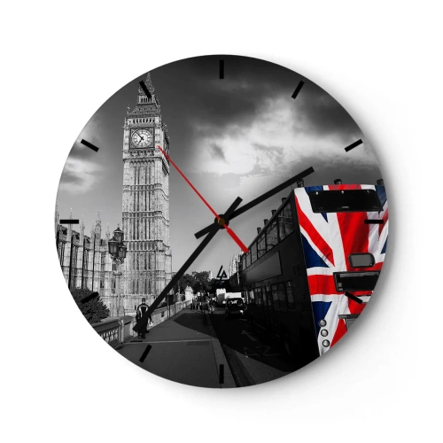 Ceas de perete - Ceas pe sticlă - Big Ben și un autobuz cu motivul steagului britanic - 30x30cm - Mândru și mare - Decorațiune modernă pentru perete pentru living, bucătărie și dormitor ARTTOR