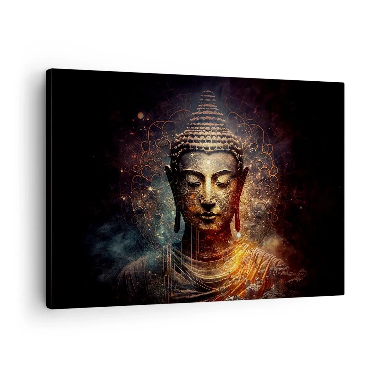 Tablou pe pânză Canvas - Buddha de aur pe un fundal întunecat cu ornamente - 70x50cm - Echilibru spiritual - Decorațiune modernă pentru perete pentru living și dormitor ARTTOR