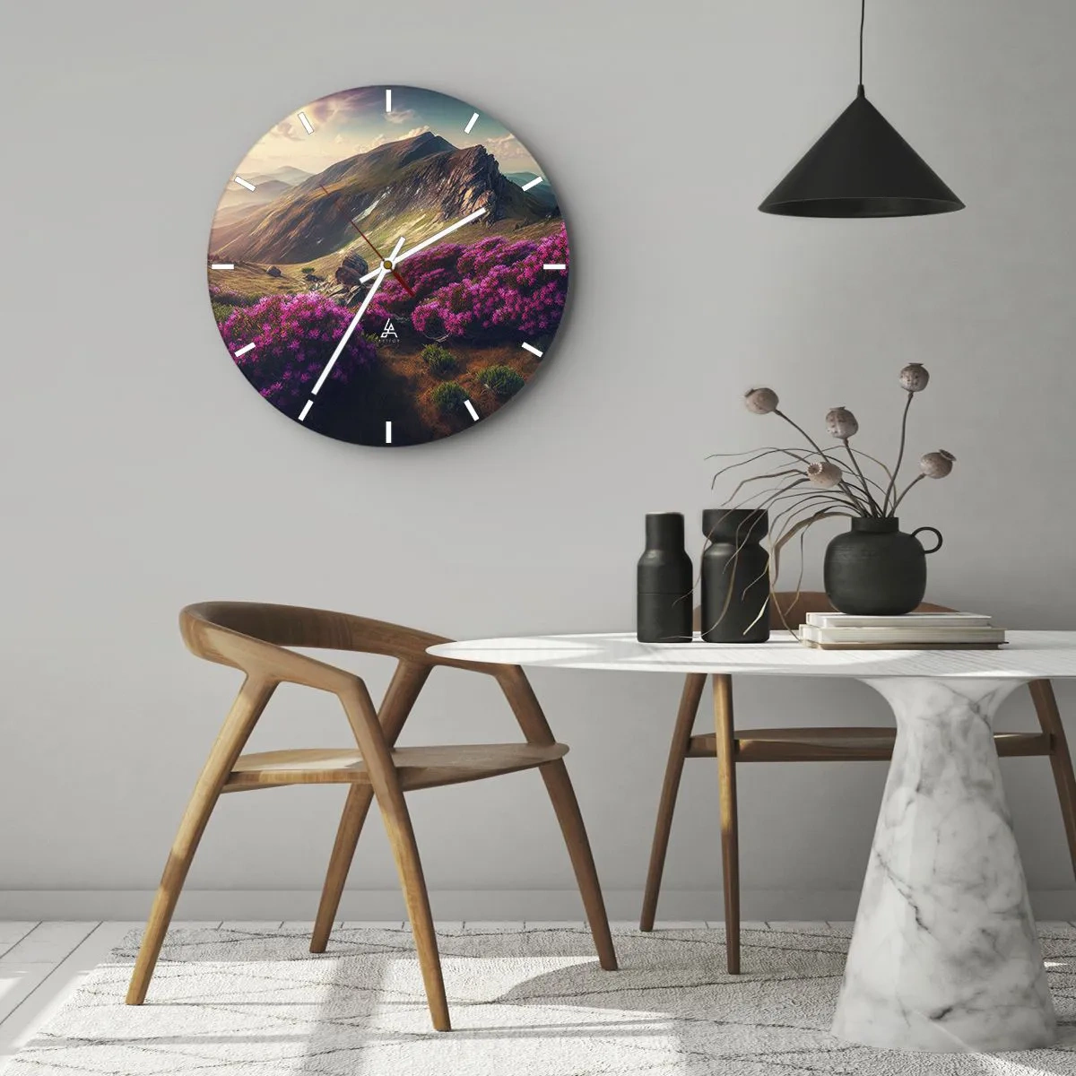 Ceas de perete - Ceas pe sticlă - Peisaj montan de vară cu flori mov și apus de soare - 30x30cm - Vara la munte - Decorațiune modernă pentru perete pentru living, bucătărie și dormitor ARTTOR