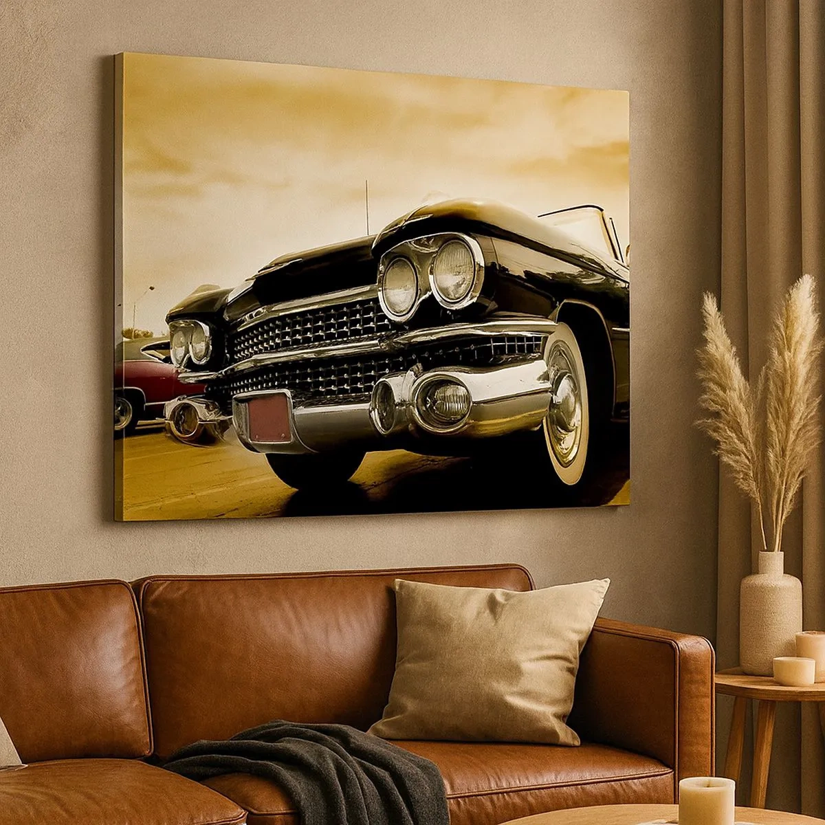 Tablou pe pânză Canvas - O mașină de epocă cu aspect retro și detalii cromate. - 70x50cm - Clasicul nu se demodează niciodată - Decorațiune modernă pentru perete pentru living și dormitor ARTTOR