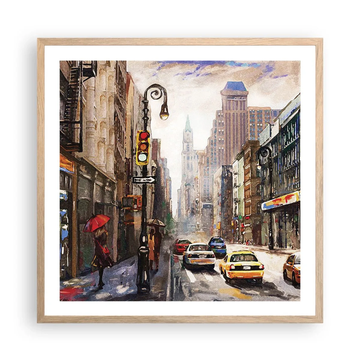 Poster în ramă de stejar deschis - New York - plin de culoare și în ploaie - 60x60 cm