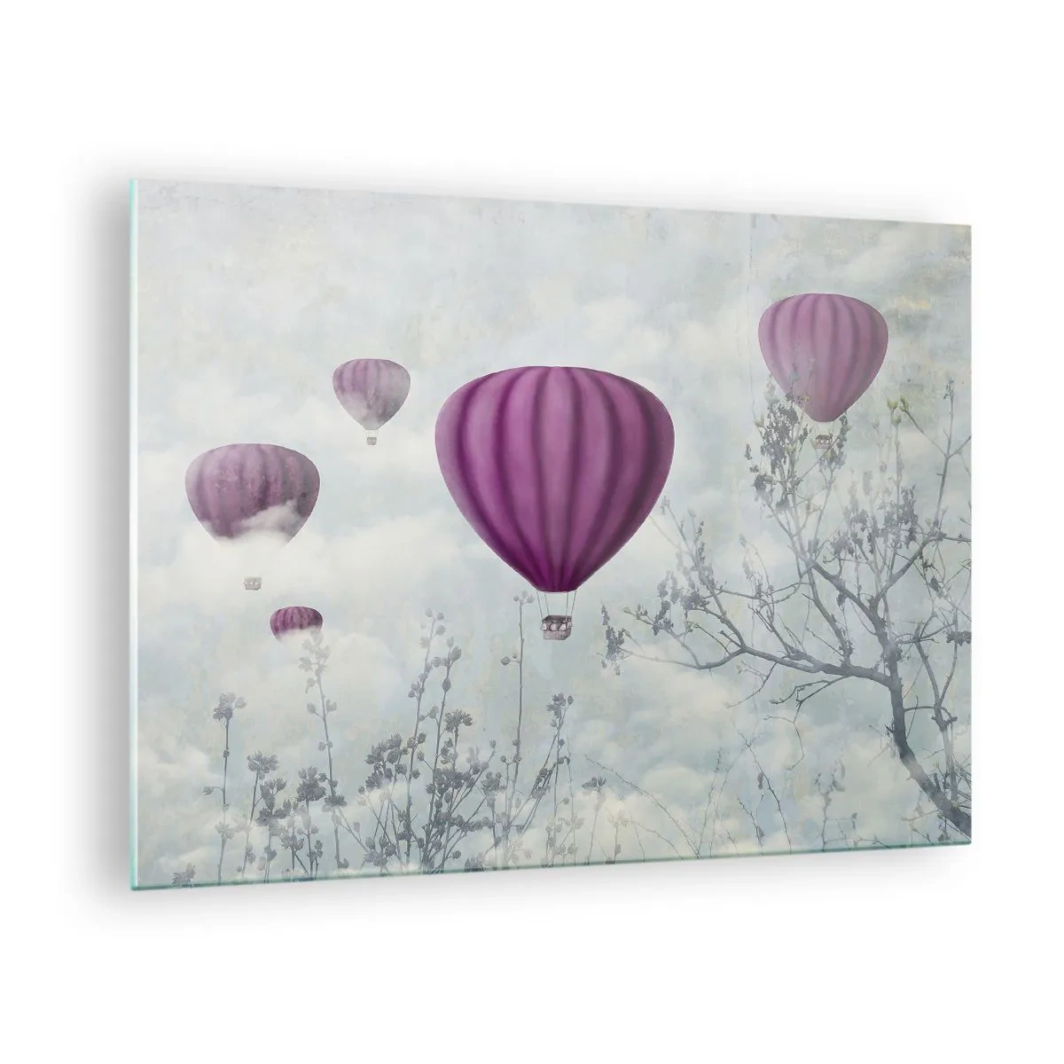Tablou pe sticlă - Baloane mov plutind printre nori și ramuri de copaci - 70x50cm - Ca niște nave pe cer - Decorațiune modernă pentru perete pentru living și dormitor ARTTOR