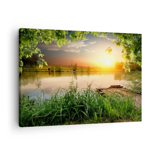 Tablou pe pânză Canvas - Peisaj verde cu un lac la apus - 70x50cm - Peisaj într-un cadru verde - Decorațiune modernă pentru perete pentru living și dormitor ARTTOR
