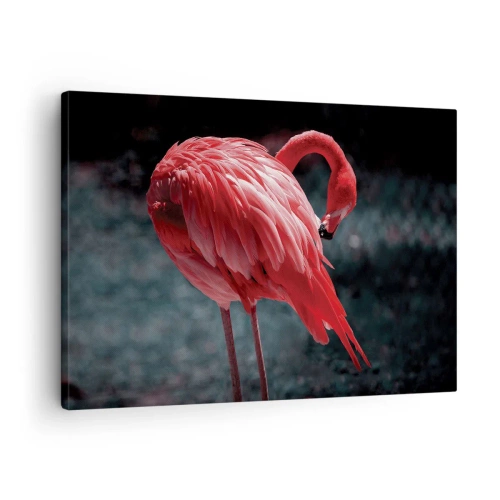 Tablou pe pânză Canvas - Un flamingo roz pe un fundal verde închis - 70x50cm - Poemul purpuriu al naturii - Decorațiune modernă pentru perete pentru living și dormitor ARTTOR