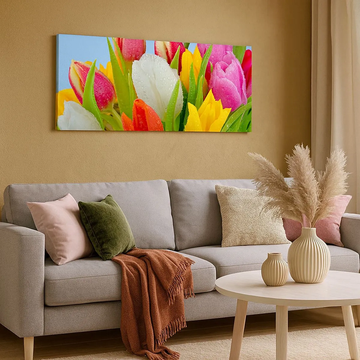Tablou pe pânză - Un curcubeu floral în picături de rouă - 100x40 cm