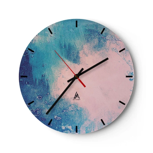 Ceas de perete - Ceas pe sticlă - Compoziție abstractă în nuanțe de albastru și roz - 30x30cm - Îmbrățișare albastră - Decorațiune modernă pentru perete pentru living, bucătărie și dormitor ARTTOR