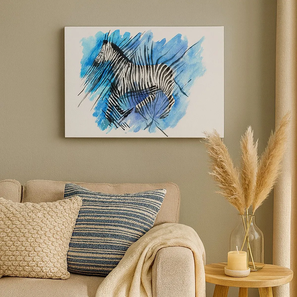 Tablou pe pânză Canvas - Ilustrație în acuarelă a unei zebre pe un cer albastru - 70x50cm - Ascunsă în dungi - Decorațiune modernă pentru perete pentru living și dormitor ARTTOR