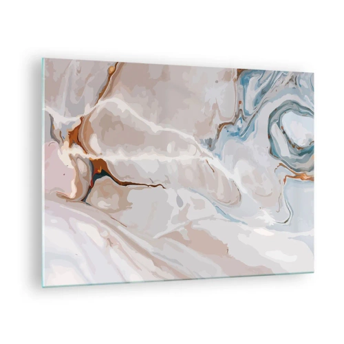 Tablou pe sticlă - Model artistic în tonuri neutre cu accente de albastru - 70x50cm - Meandre albastre sub alb - Decorațiune modernă pentru perete pentru living și dormitor ARTTOR