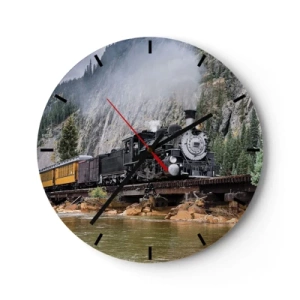Ceas de perete - Ceas pe sticlă - O locomotivă cu aburi pe un pod într-un peisaj montan peste un râu - 30x30cm - Și încotro? Unde? - Decorațiune modernă pentru perete pentru living, bucătărie și dormitor ARTTOR
