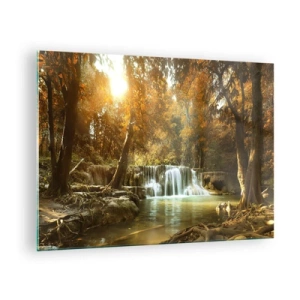 Tablou pe sticlă - O cascadă într-un parc înconjurat de copaci în culorile toamnei - 70x50cm - Cascadă în parc - Decorațiune modernă pentru perete pentru living și dormitor ARTTOR