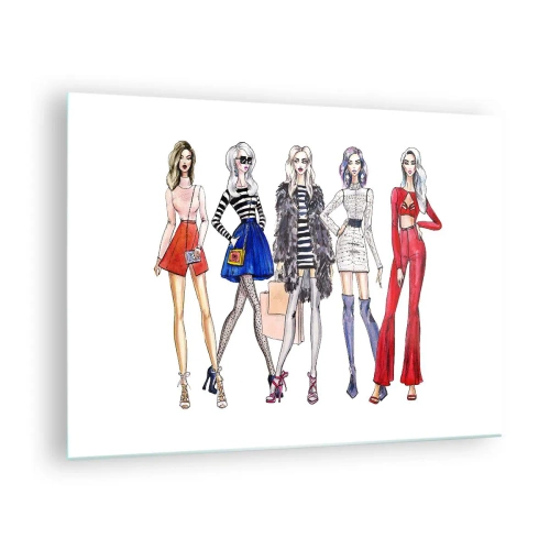 Tablou pe sticlă - Personaje la modă în ținute elegante în ilustrație - 70x50cm - Every week Fashion Week - Decorațiune modernă pentru perete pentru living și dormitor ARTTOR