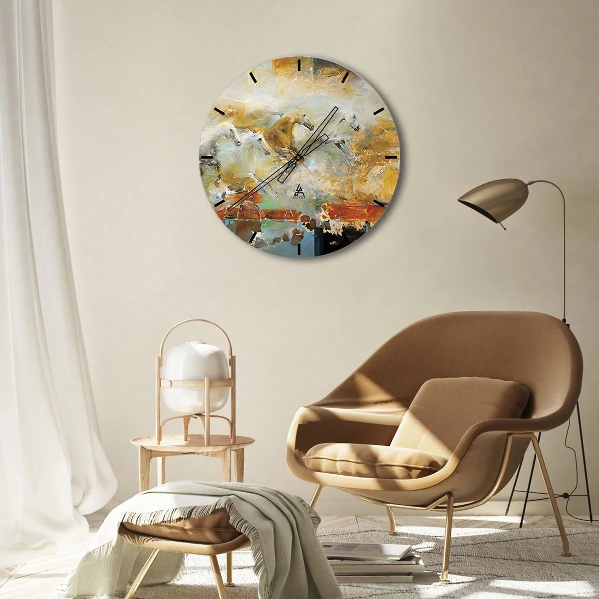 Ceas de perete - Ceas pe sticlă - Cai abstracte în mișcare dinamică - 30x30cm - Galopând prin lumină - Decorațiune modernă pentru perete pentru living, bucătărie și dormitor ARTTOR