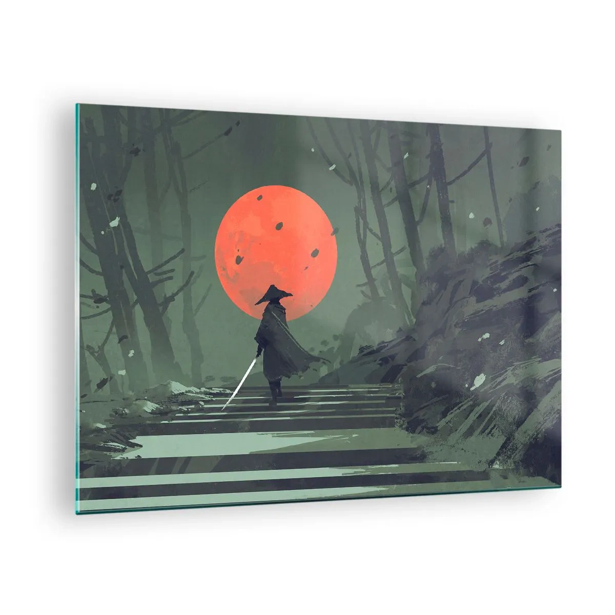 Tablou pe sticlă - Un războinic singuratic cu o sabie în pădure, pe fundalul unei luni roșii. - 70x50cm - Războinicul lunii roșii - Decorațiune modernă pentru perete pentru living și dormitor ARTTOR