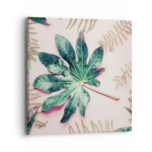 Tablou pe pânză - Studiu de verdeață pe un fundal roz - 40x40 cm