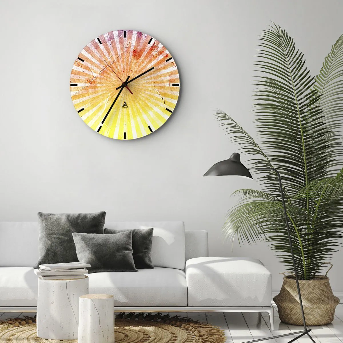 Ceas de perete - Ceas pe sticlă - Un model radiant în culorile răsăritului și apusului - 30x30cm - Răsărituri și apusuri de soare - Decorațiune modernă pentru perete pentru living, bucătărie și dormitor ARTTOR