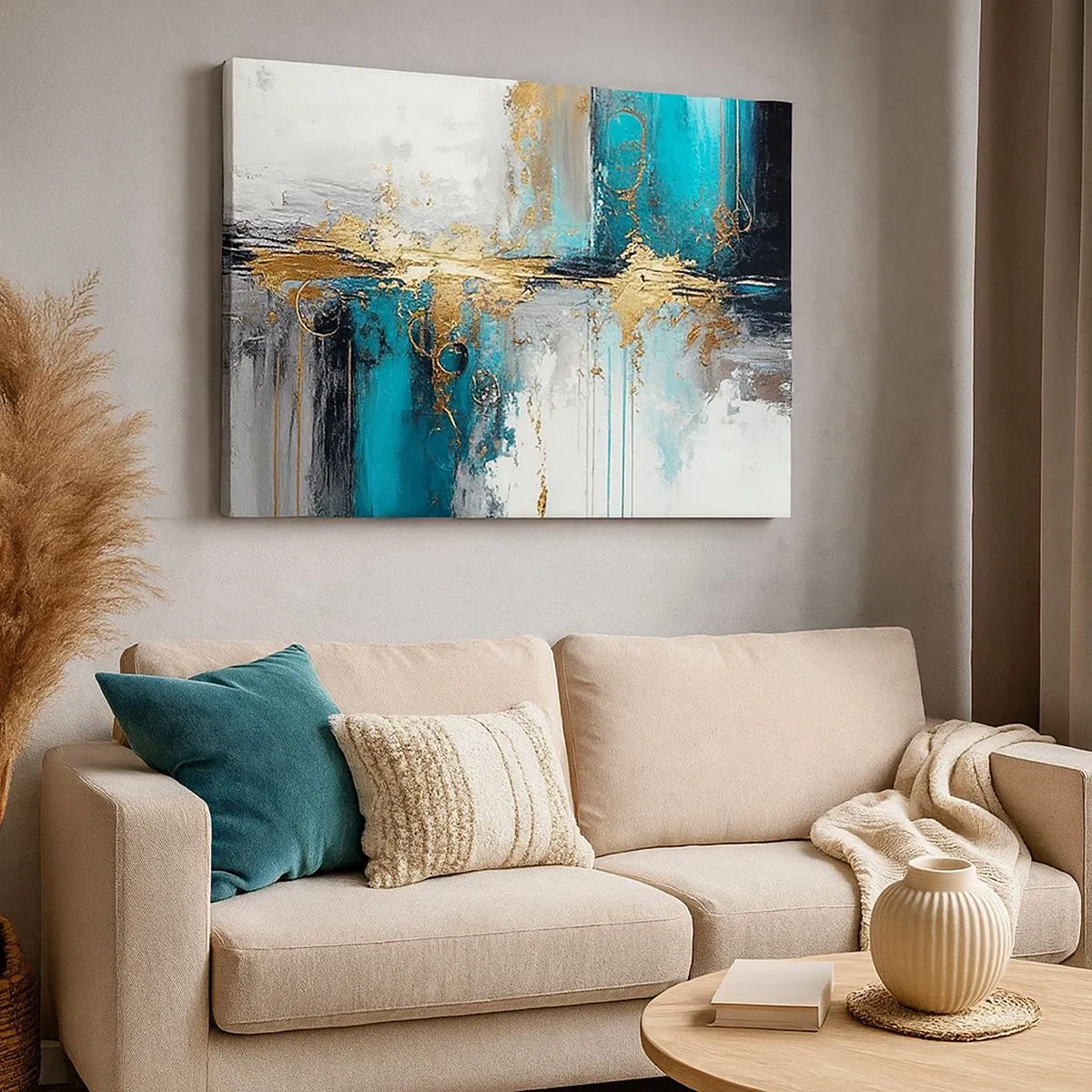 Tablou pe pânză Canvas - O compoziție abstractă cu accente de turcoaz și auriu. - 70x50cm - Totul curge - Decorațiune modernă pentru perete pentru living și dormitor ARTTOR