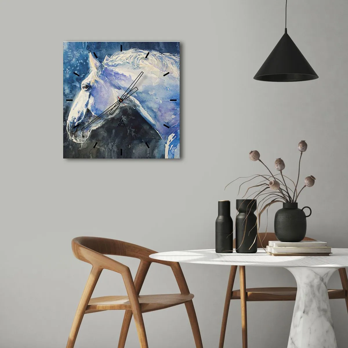 Ceas de perete - Ceas pe sticlă - Portret într-o strălucire albastră - 30x30 cm