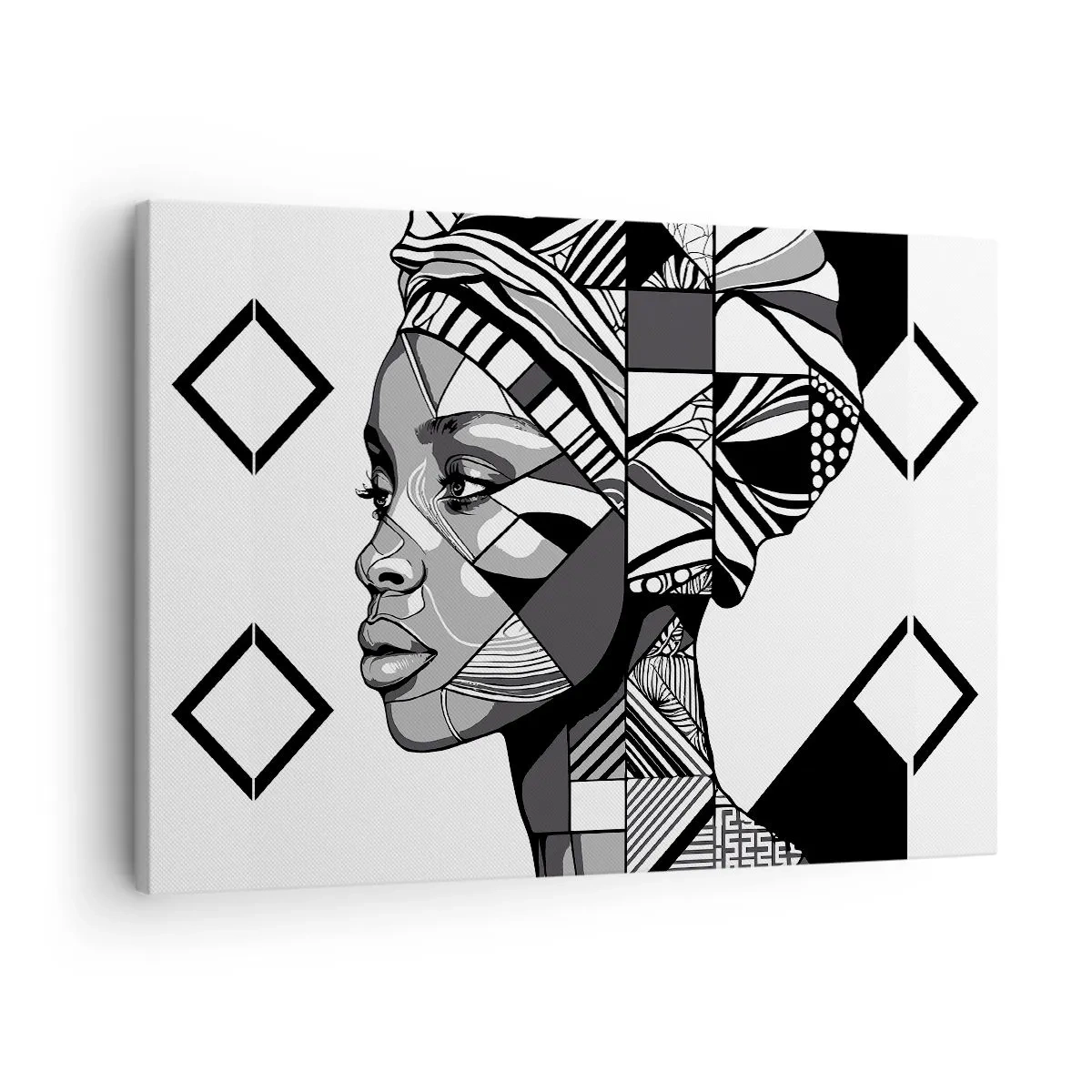 Tablou pe pânză Canvas - Portret alb-negru al unei femei în stil etnic - 70x50cm - Portret etnic - Decorațiune modernă pentru perete pentru living și dormitor ARTTOR