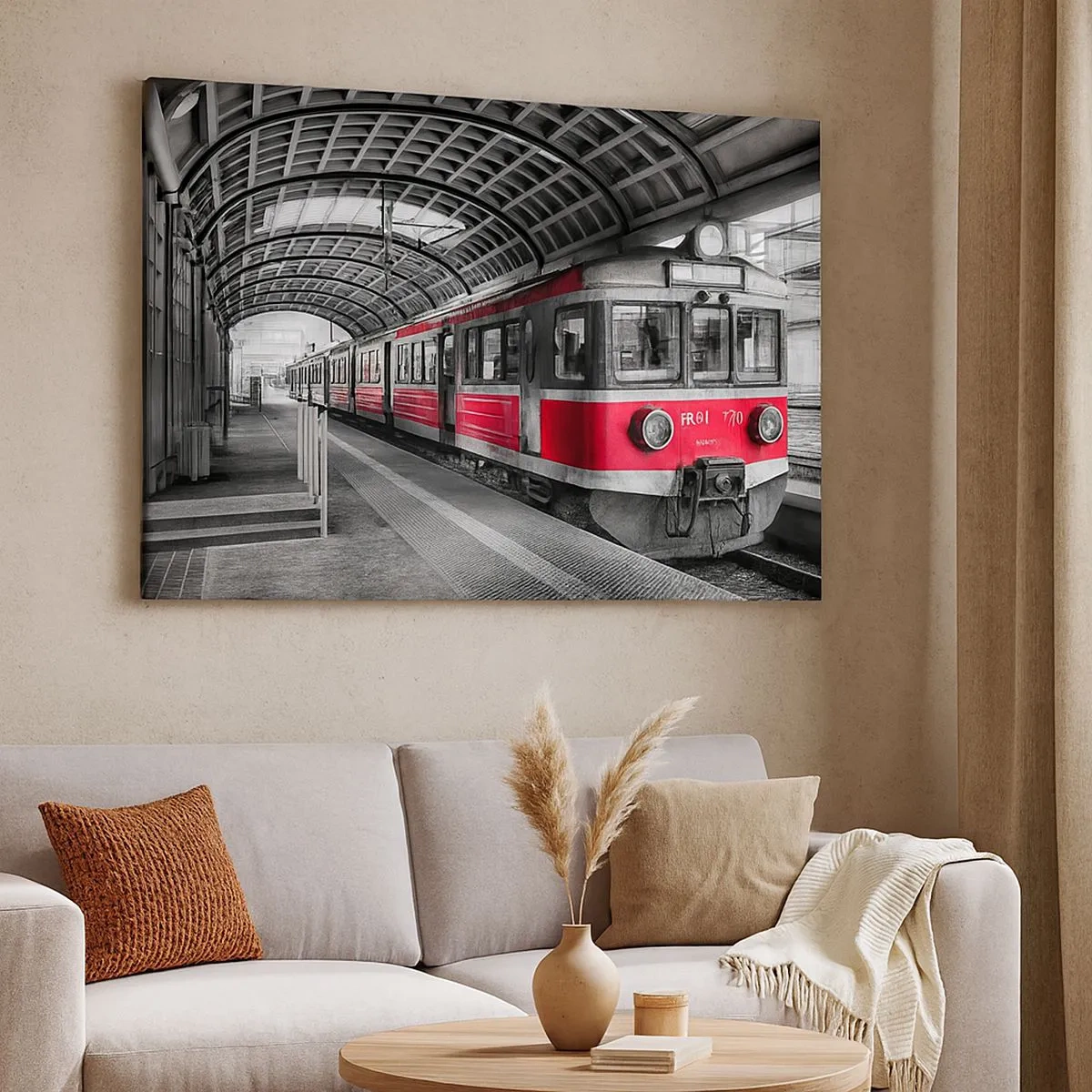 Tablou pe pânză Canvas - Tren roșu la stația sub acoperiș - 70x50cm - Poate este o călătorie de o viață? - Decorațiune modernă pentru perete pentru living și dormitor ARTTOR