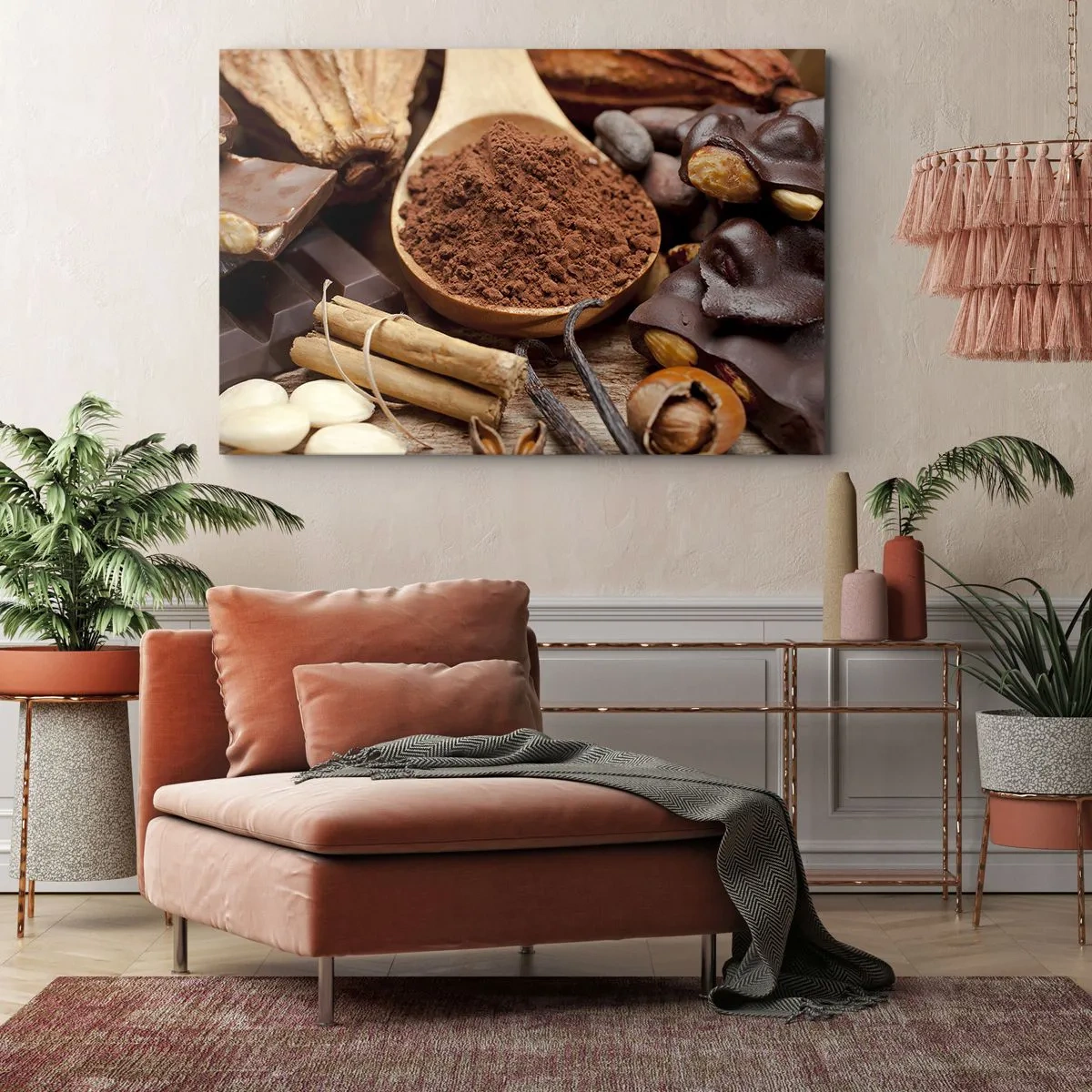 Tablou pe pânză Canvas - O lingură de ingrediente de cacao și ciocolată într-un aranjament rustic - 70x50cm - Cea mai bună pentru tristețe - Decorațiune modernă pentru perete pentru living și dormitor ARTTOR