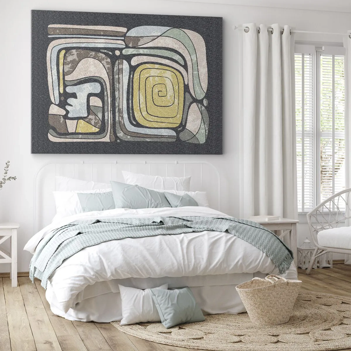 Tablou pe pânză Canvas - Modele precolumbiene în culori pastelate pe un fundal închis - 70x50cm - Abstracție în spirit precolumbian - Decorațiune modernă pentru perete pentru living și dormitor ARTTOR