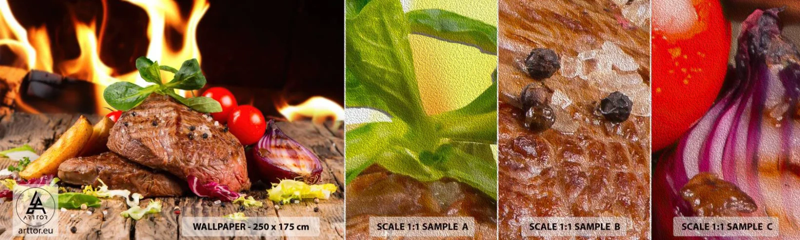 Mostră tapet Premium Sand - Înconjurată de ardoare - Gastronomie, friptură, Flăcări de foc - 100x30 cm