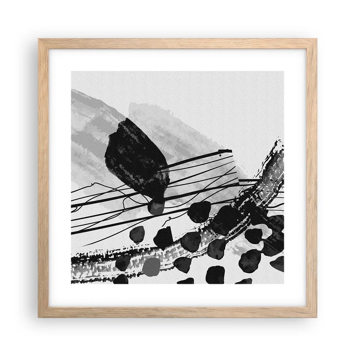 Poster în ramă de stejar deschis - Abstracție organică în negru și alb - 40x40 cm