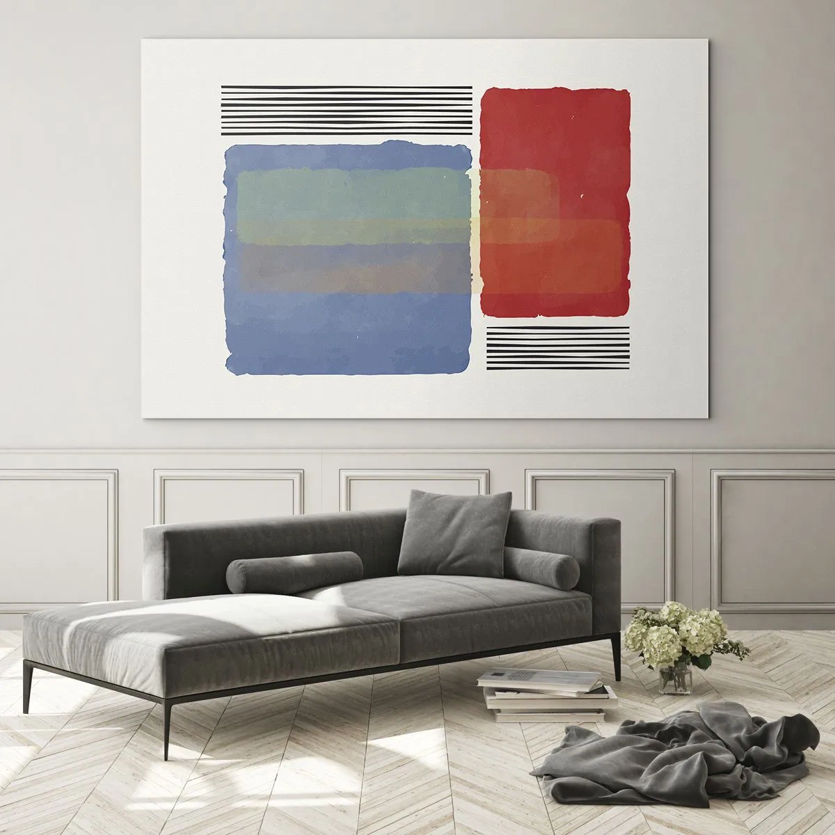 Tablou pe sticlă - Compoziție geometrică cu dreptunghiuri roșii și albastre - 70x50cm - Spiritul și litera geometriei - Decorațiune modernă pentru perete pentru living și dormitor ARTTOR