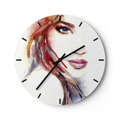 Ceas de perete - Ceas pe sticlă - Ilustrație în acuarelă a unei femei cu o privire expresivă - 30x30cm - Vademecum - urmărește-mă - Decorațiune modernă pentru perete pentru living, bucătărie și dormitor ARTTOR