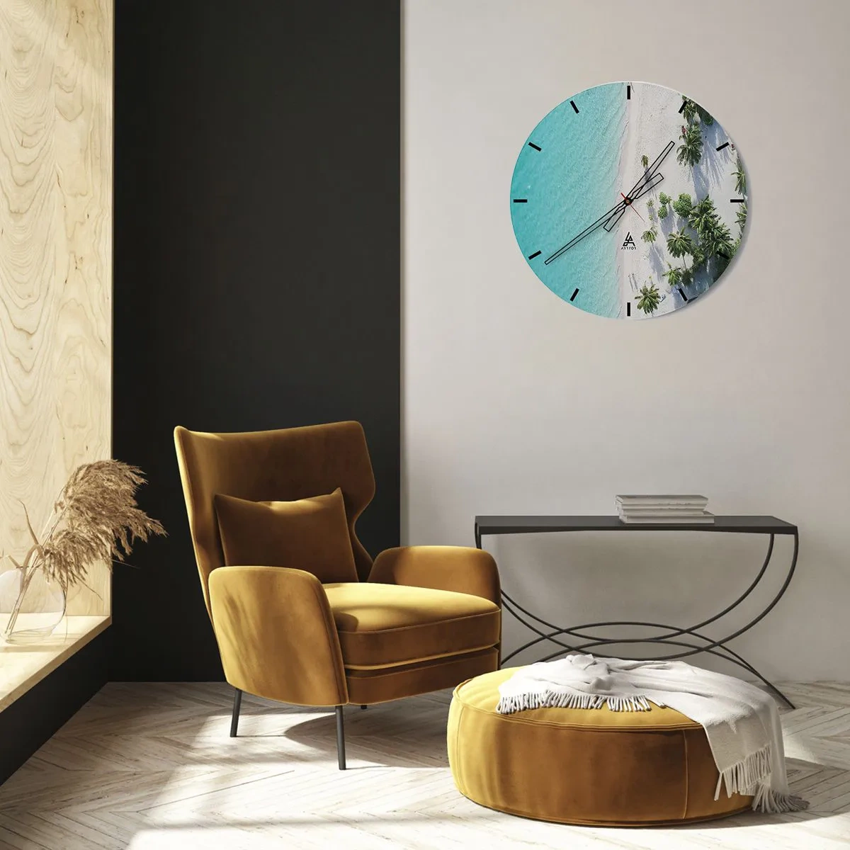 Ceas de perete - Ceas pe sticlă - Vedere de sus a plajei cu apă turcoaz și palmieri - 30x30cm - Vacanță în paradis - Decorațiune modernă pentru perete pentru living, bucătărie și dormitor ARTTOR