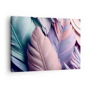 Tablou pe pânză Canvas - Pene colorate în nuanțe pastelate pe un fundal deschis - 70x50cm - Eleganța păsărilor - Decorațiune modernă pentru perete pentru living și dormitor ARTTOR