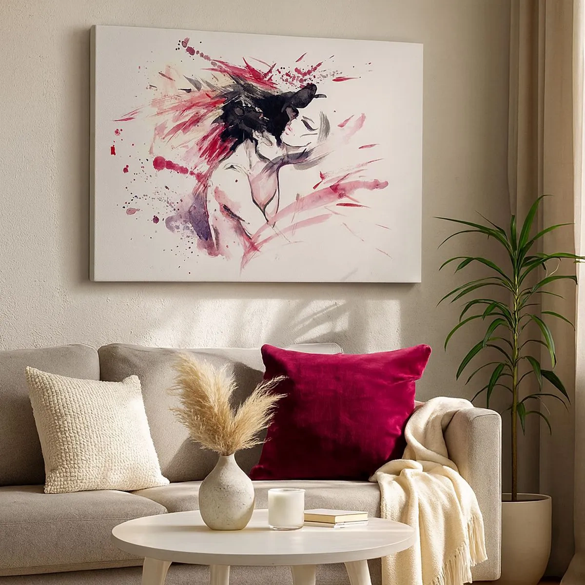 Tablou pe pânză Canvas - Portret abstract al unei femei cu accente roșii dinamice - 70x50cm - Împlinirea amoroasă - Decorațiune modernă pentru perete pentru living și dormitor ARTTOR