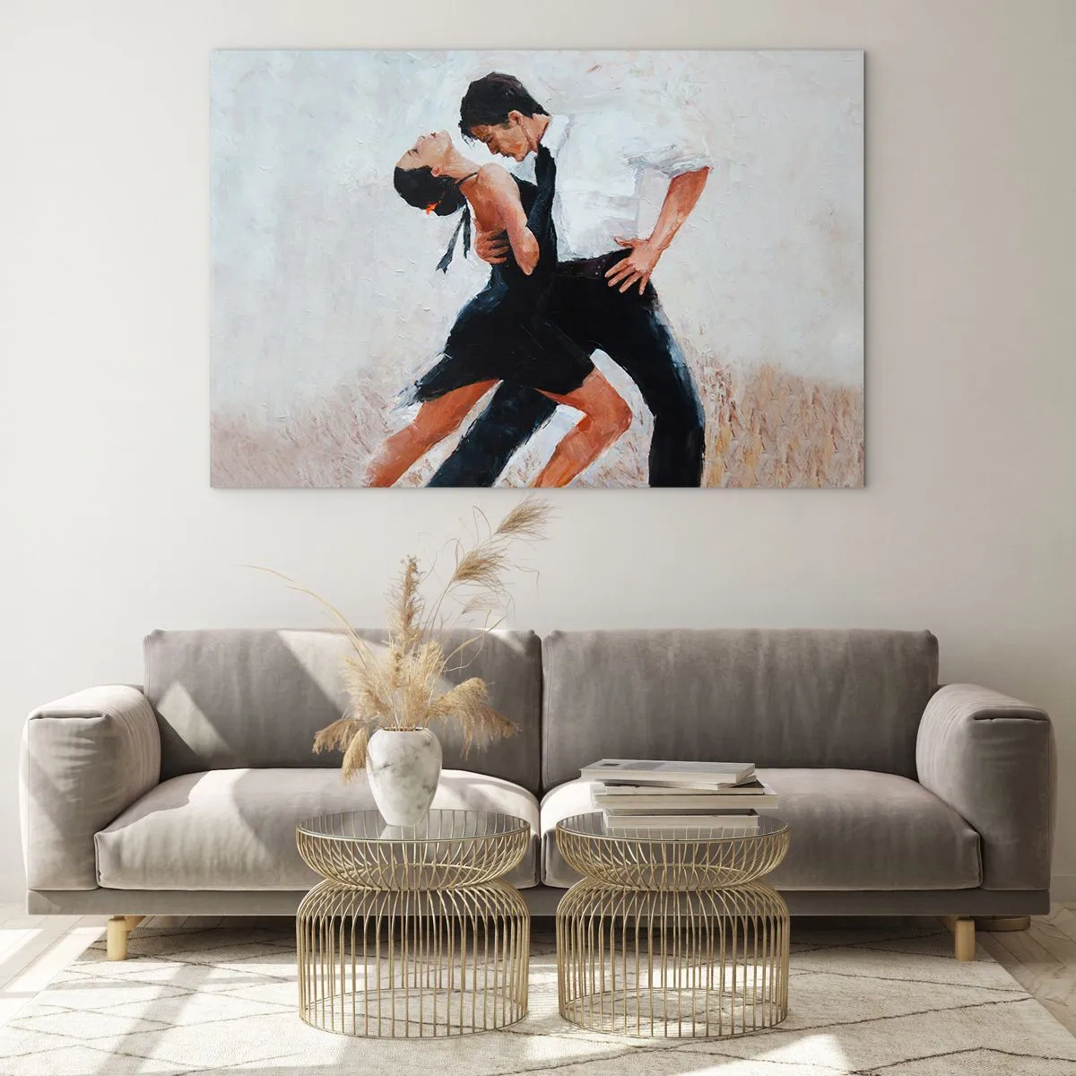 Tablou pe sticlă - Un cuplu dansând tango într-o poză dinamică - 70x50cm - Tangoul visurilor mele - Decorațiune modernă pentru perete pentru living și dormitor ARTTOR