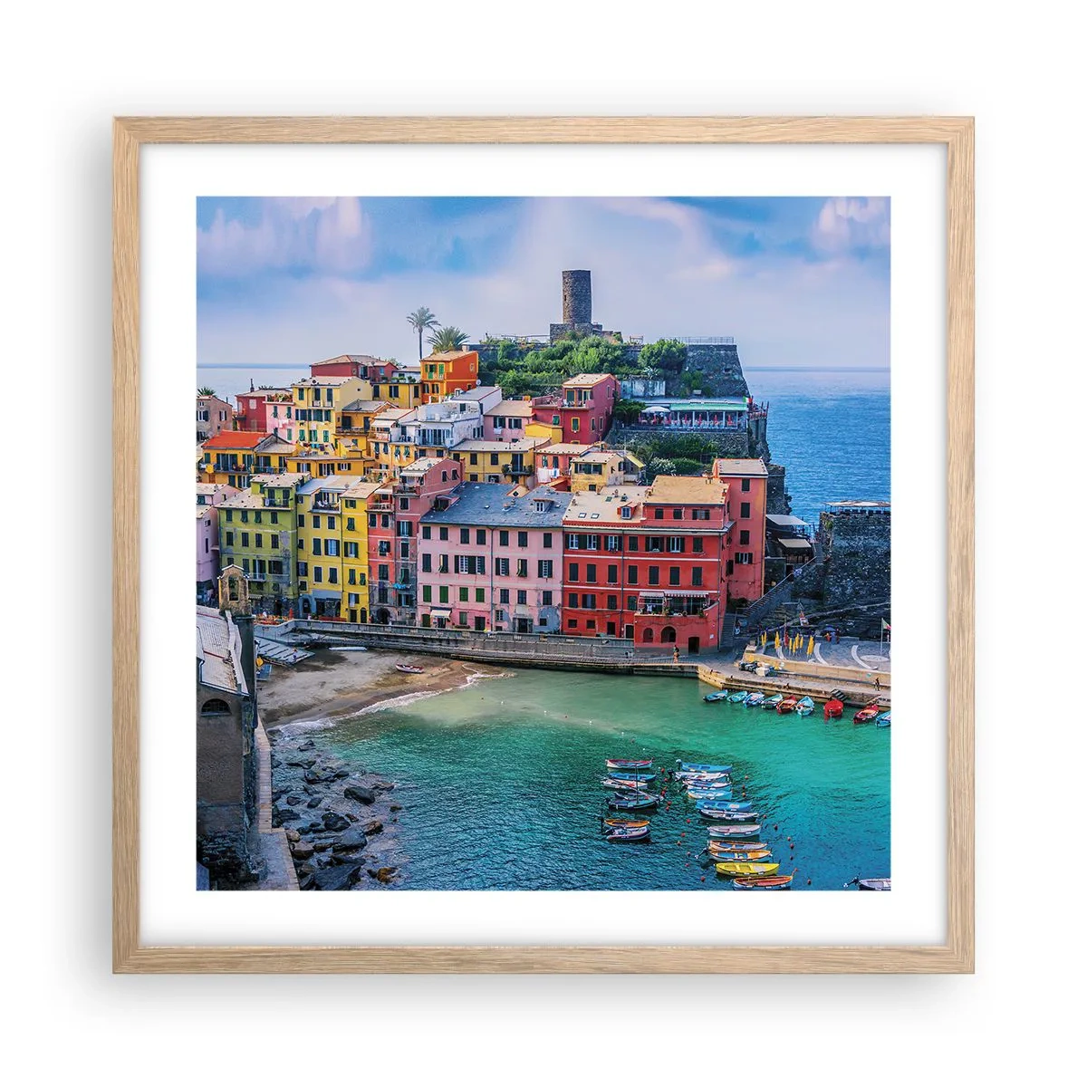 Poster în ramă de stejar deschis - Orașul mediteraneean magic - 50x50 cm