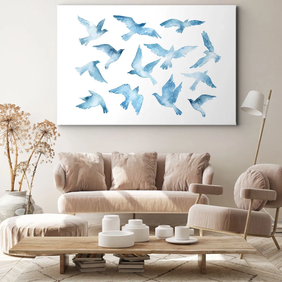 Tablou pe pânză Canvas - O acuarelă subtilă înfățișând păsări în zbor - 70x50cm - Păsări albastre - Decorațiune modernă pentru perete pentru living și dormitor ARTTOR