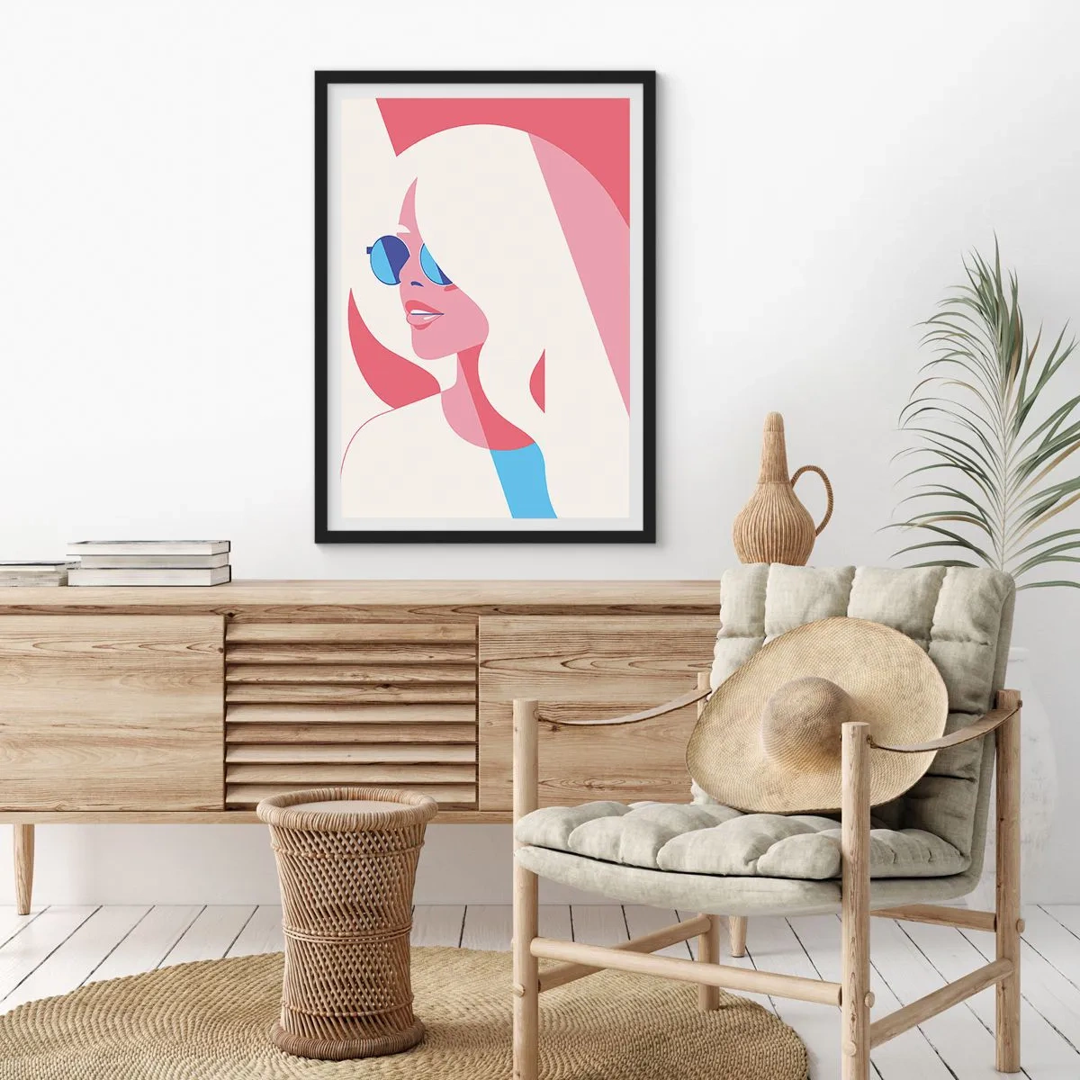 Poster în ramă neagră - Portret stilizat al unei femei purtând ochelari de soare - 50x70cm - O blondă necunoscută - Decorațiune modernă pentru perete pentru living și dormitor ARTTOR