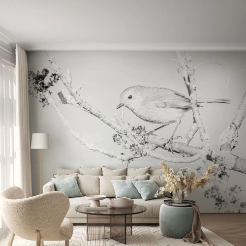 Tapet Standard Eco - Dimineață de iarnă - Luminos, Pasăre, Natură - 300x210 cm