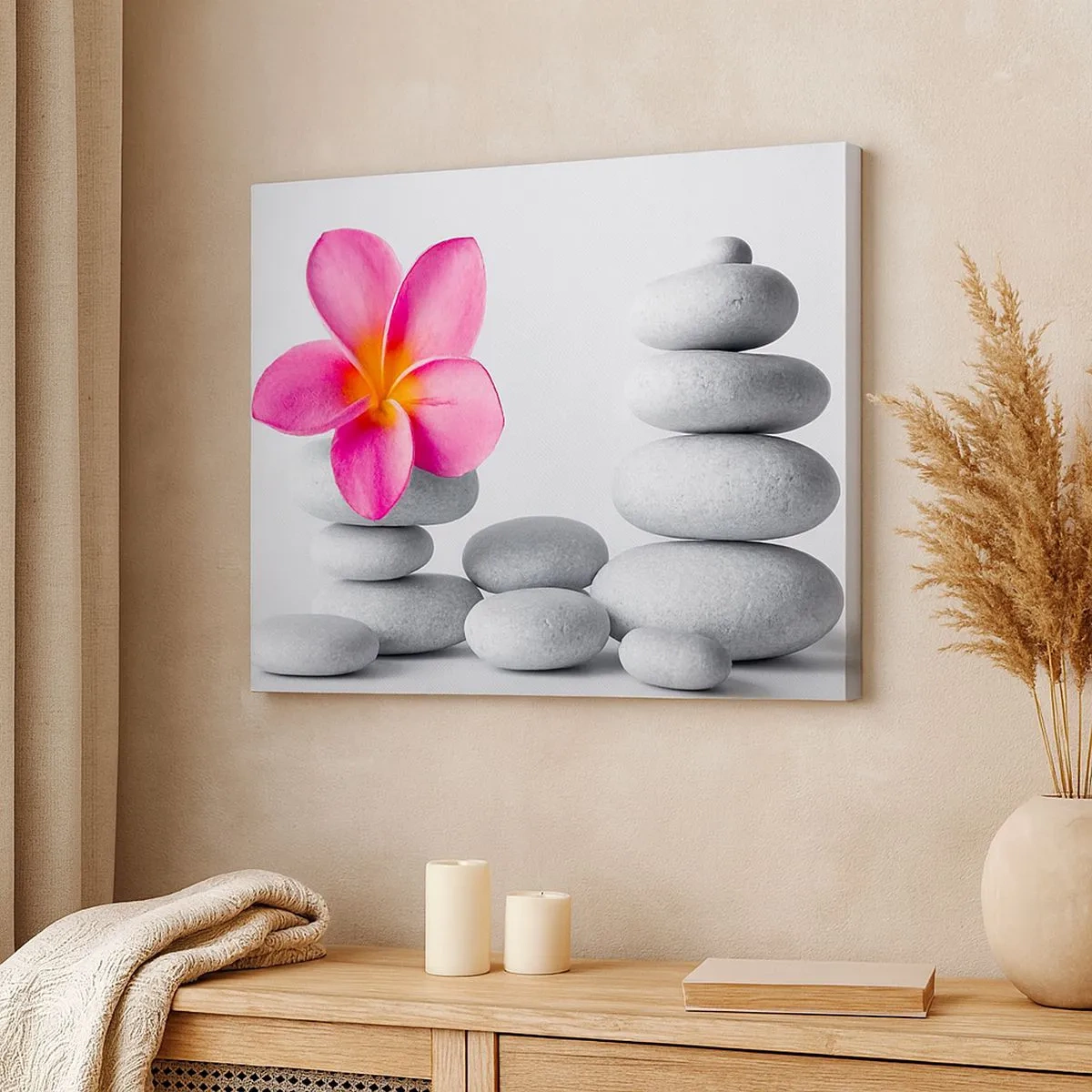 Tablou pe pânză Canvas - Floare roz pe pietre în stil zen - 70x50cm - Piatră peste piatră, iar pe această piatră... - Decorațiune modernă pentru perete pentru living și dormitor ARTTOR