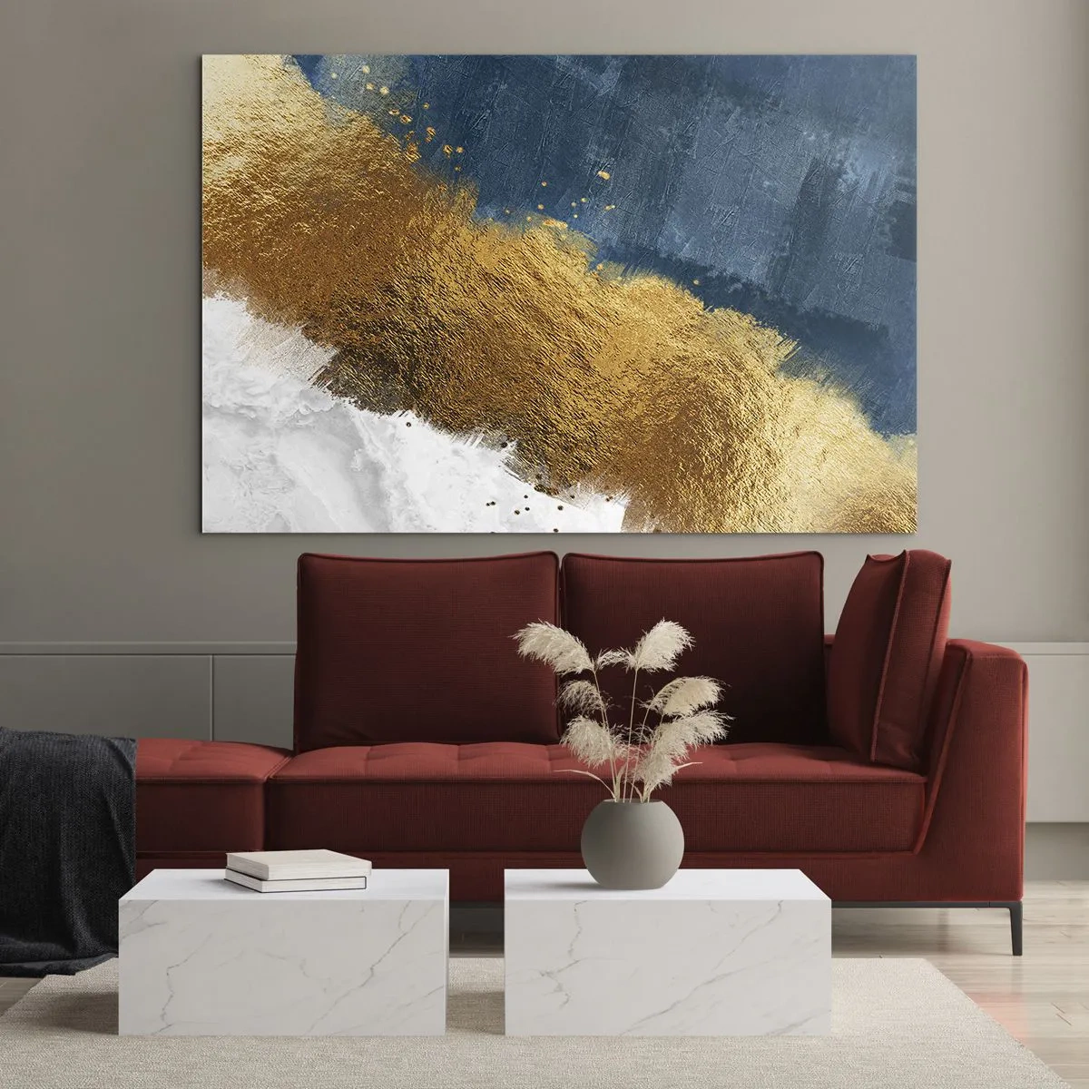 Tablou pe sticlă - Tușe de vopsea aurie pe un fundal albastru marin și alb - 70x50cm - Culorile verii - Decorațiune modernă pentru perete pentru living și dormitor ARTTOR