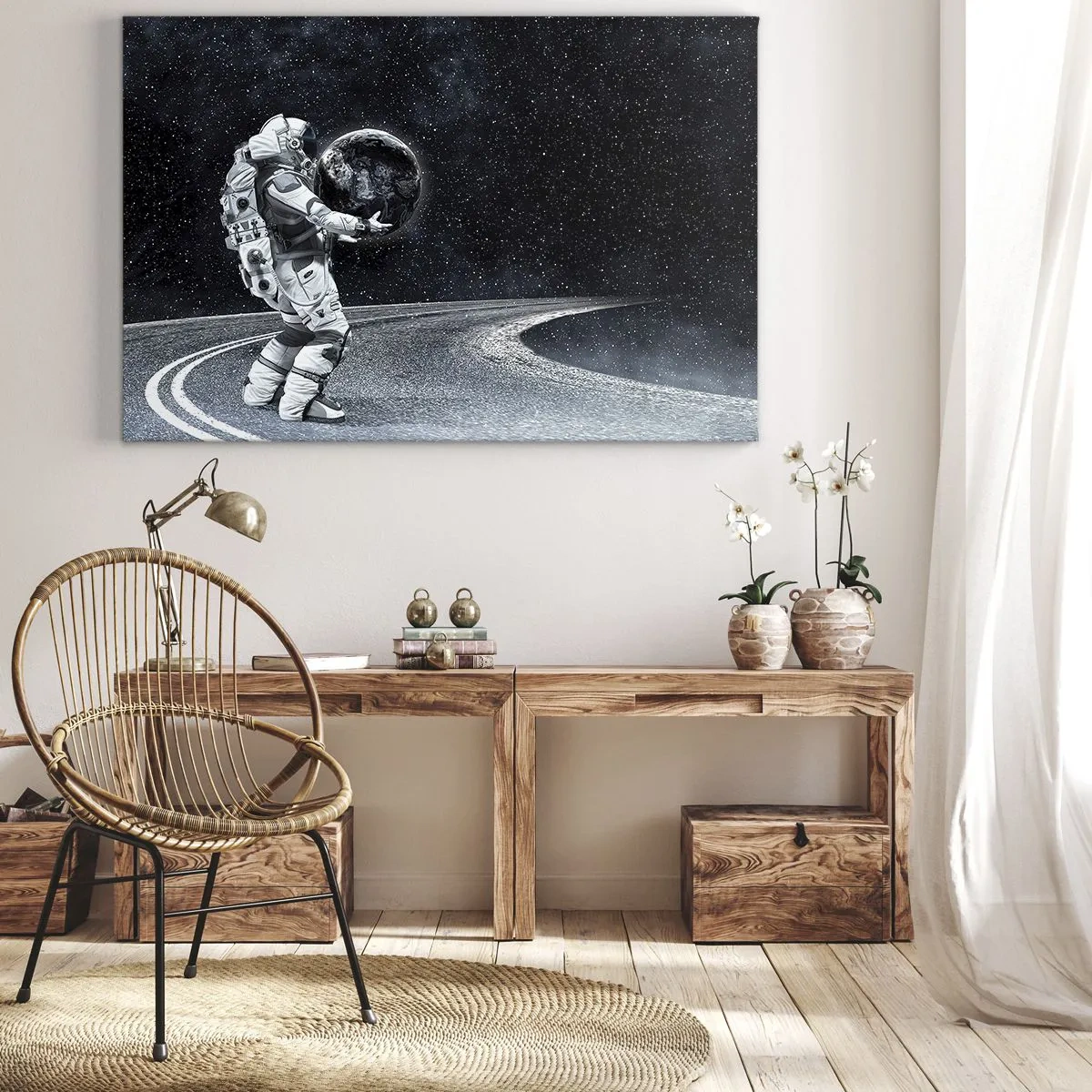 Tablou pe pânză Canvas - Astronautul cu Pământul pe fundalul cerului înstelat - 70x50cm - Pe Calea Lactee - Decorațiune modernă pentru perete pentru living și dormitor ARTTOR