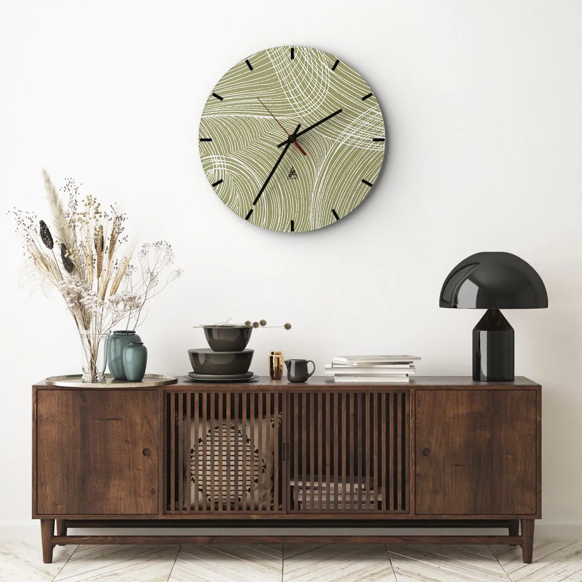Ceas de perete - Ceas pe sticlă - Un fundal bej cu un model alb complex de linii și arcuri. - 30x30cm - Abstracție complicată în alb - Decorațiune modernă pentru perete pentru living, bucătărie și dormitor ARTTOR
