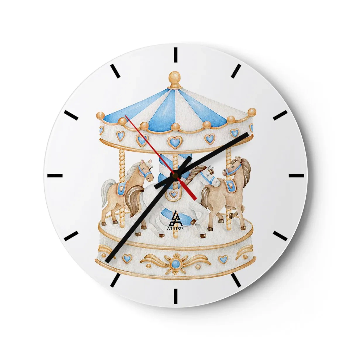 Ceas de perete - Ceas pe sticlă - Un carusel cu cai în nuanțe pastelate de albastru și bej - 30x30cm - Copilărie dulce - Decorațiune modernă pentru perete pentru living, bucătărie și dormitor ARTTOR