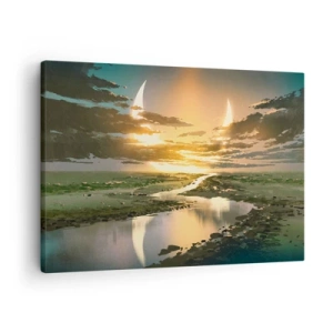 Tablou pe pânză Canvas - Un peisaj fantastic cu două luni la orizont - 70x50cm - Undeva într-o galaxie foarte, foarte îndepărtată - Decorațiune modernă pentru perete pentru living și dormitor ARTTOR