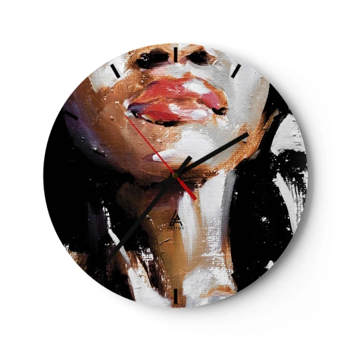 Ceas de perete - Ceas pe sticlă - Fragment de chip de femeie într-o tehnică de pictură expresivă - 30x30cm - Mândrie fără prejudecăți - Decorațiune modernă pentru perete pentru living, bucătărie și dormitor ARTTOR