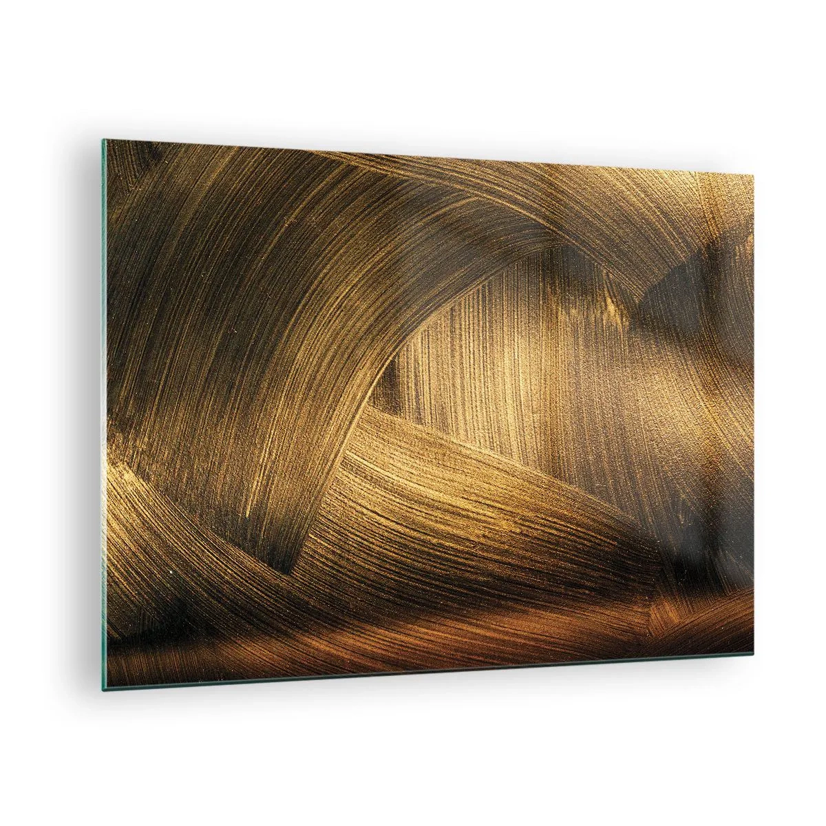 Tablou pe sticlă - O pictură abstractă care înfățișează linii geometrice aurii pe un fundal - 70x50cm - Într-un labirint de aur - Decorațiune modernă pentru perete pentru living și dormitor ARTTOR