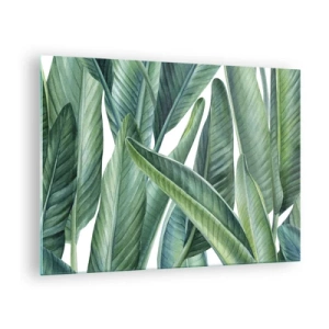 Tablou pe sticlă - Frunze tropicale în nuanțe de verde - 70x50cm - Verdeața în sine - Decorațiune modernă pentru perete pentru living și dormitor ARTTOR