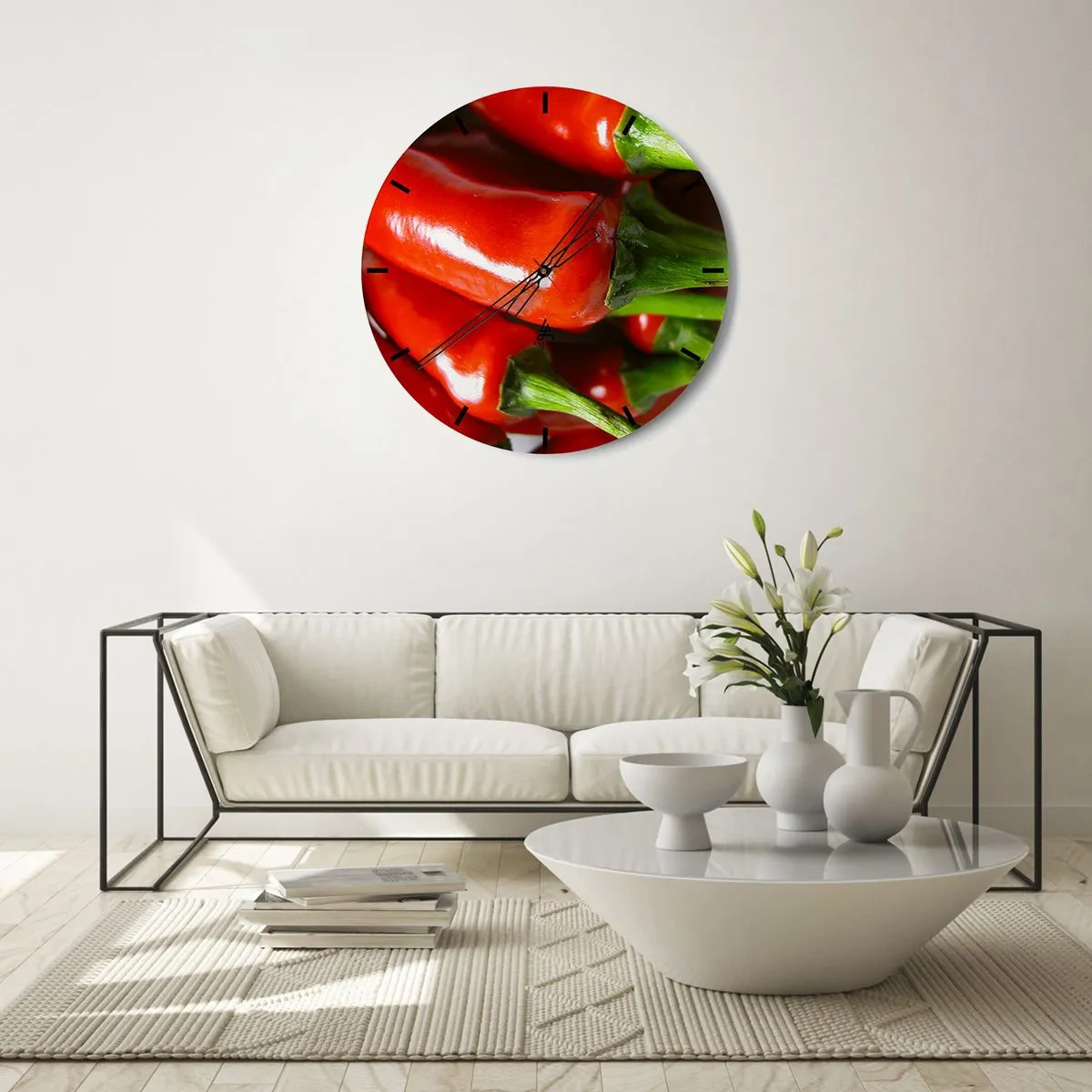 Ceas de perete - Ceas pe sticlă - Prim-plan cu ardei iute roșii - 30x30cm - Suculent, strălucitor, neted - Decorațiune modernă pentru perete pentru living, bucătărie și dormitor ARTTOR