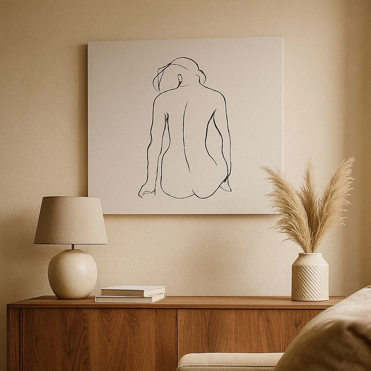 Tablou pe pânză Canvas - O schiță subtilă a siluetei unei fete din spate - 70x50cm - Nud de fată - Decorațiune modernă pentru perete pentru living și dormitor ARTTOR