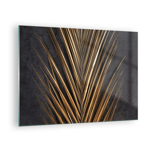 Tablou pe sticlă - Frunză de palmier aurie pe un fundal întunecat - 70x50cm - Aur tropical - Decorațiune modernă pentru perete pentru living și dormitor ARTTOR